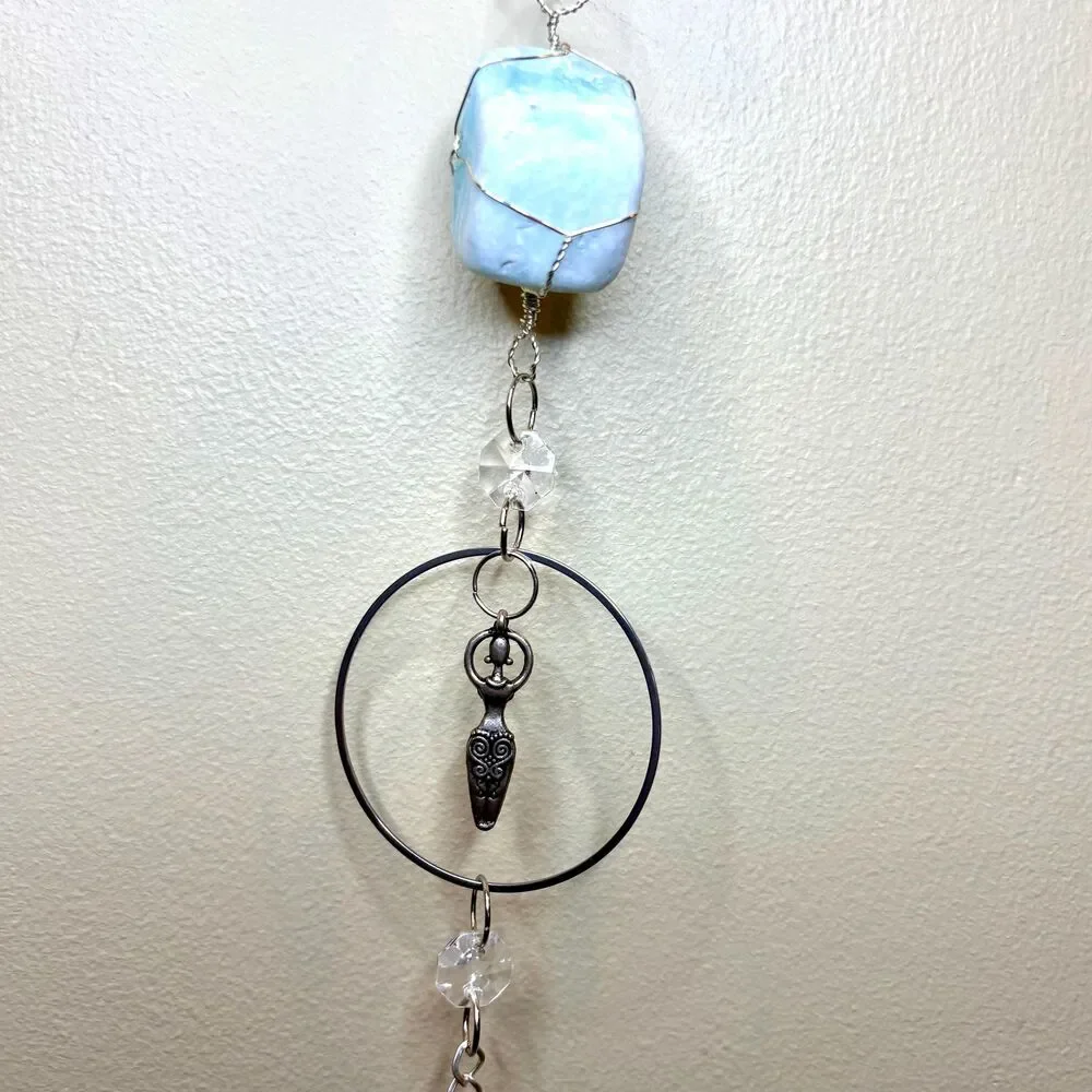 Blue Calcite Hanging | Silver Goddess Charm | Intuition Creativity Stone Decor